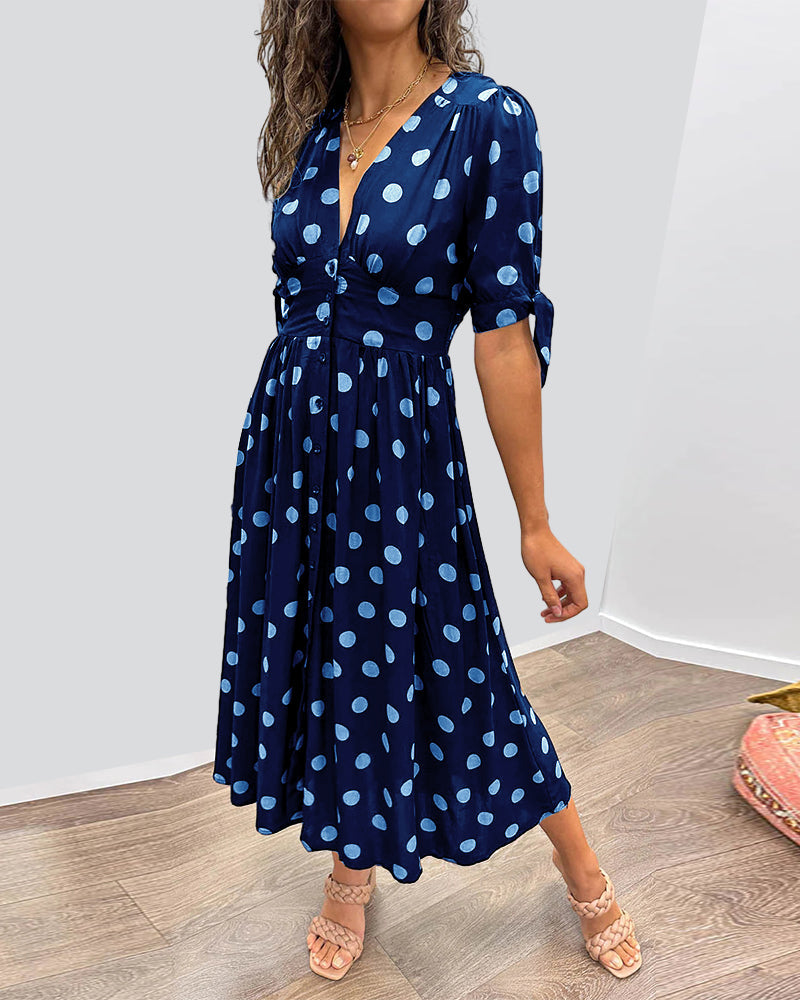 Mirela™ | Elegancka Sukienka w Kropki z Dekoltem V